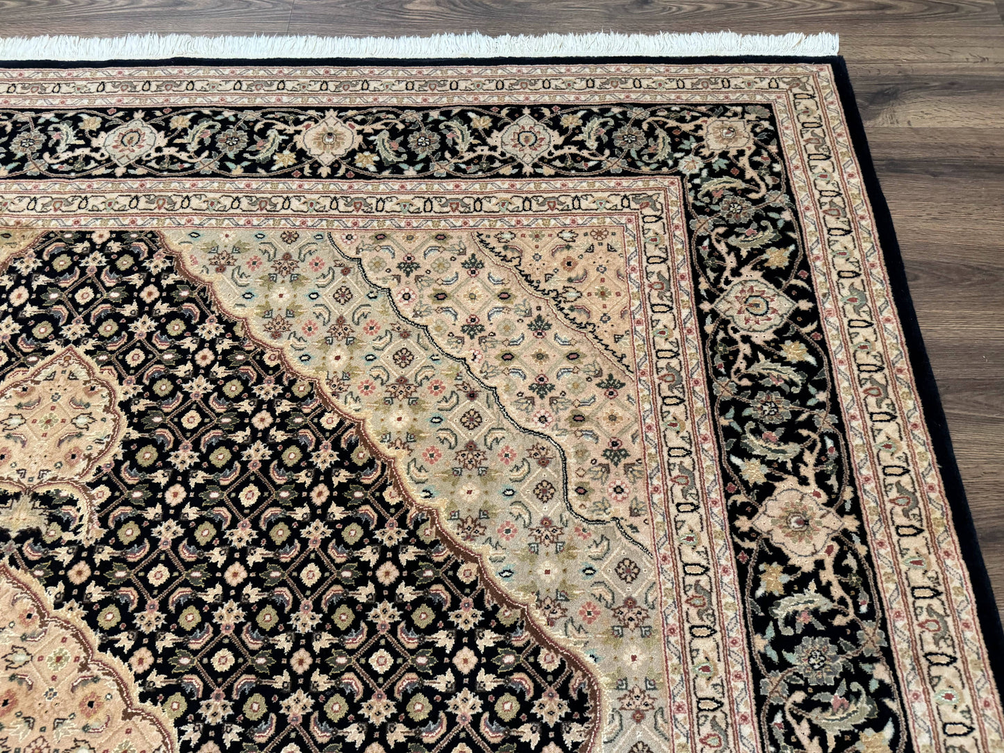 Sino Persian Rug 8x10, Herati Mahi Pattern, Fine 170 KPSI, Black, Wool and Silk Highlights