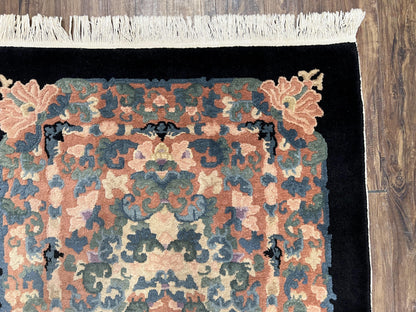 Art Deco Rug Chinese Handmade Wool 3x5 Vintage Floral Black Beige Carpet