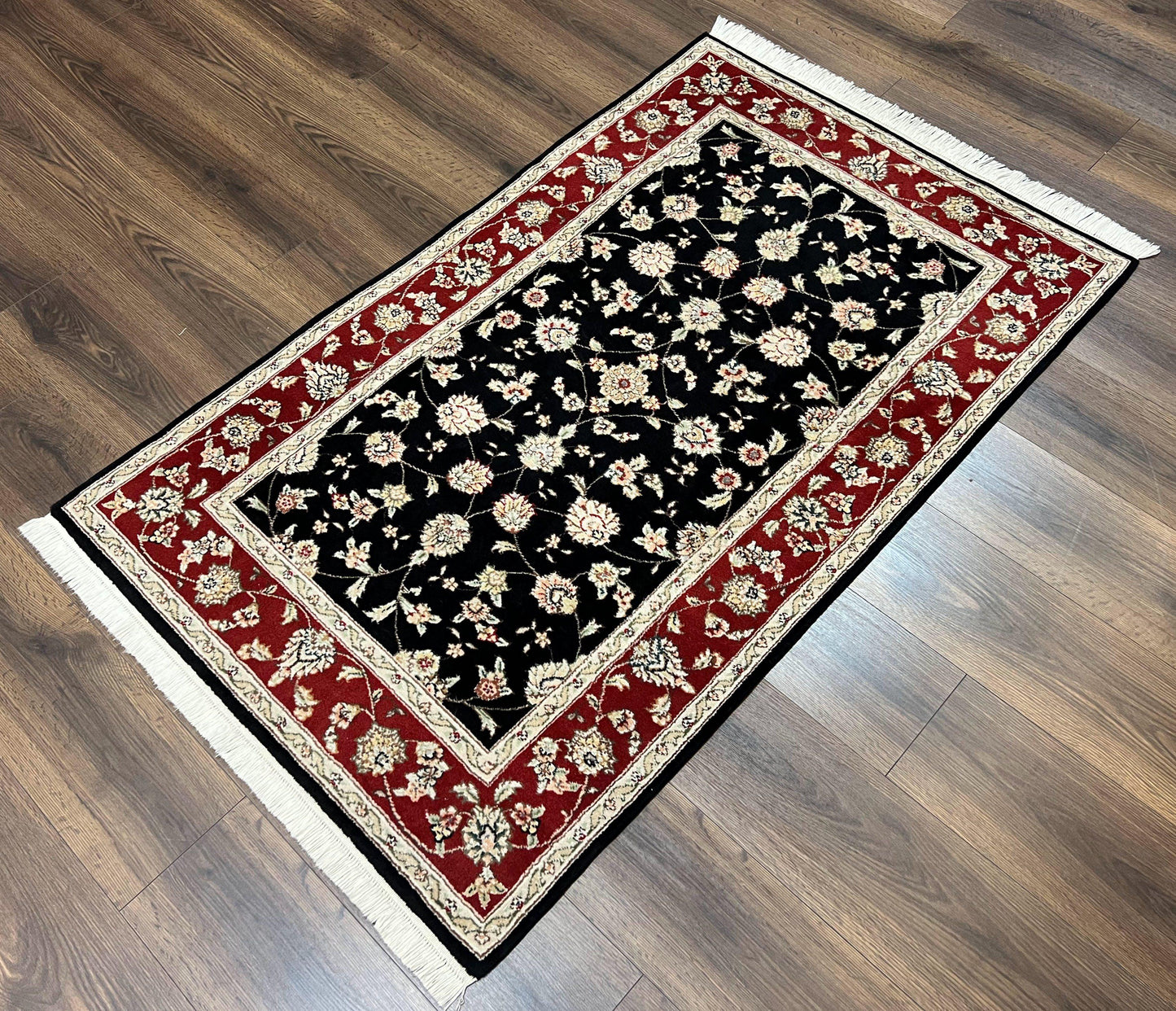 Pak Persian Rug 3x5, Black and Red, Floral Allover, Vintage Hand Knotted Wool Oriental Carpet, Pakistani Rug, Small Handmade Area Rug 3 x 5