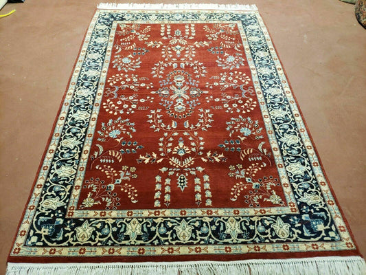 Pakistani Rug Hand Knotted Vintage 4x6 Red Highly Detailed Wool