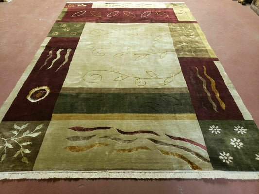 Tibetan Nepal Wool And Silk Rug 6x9 Modern Handmade Decorative Abstract Gold