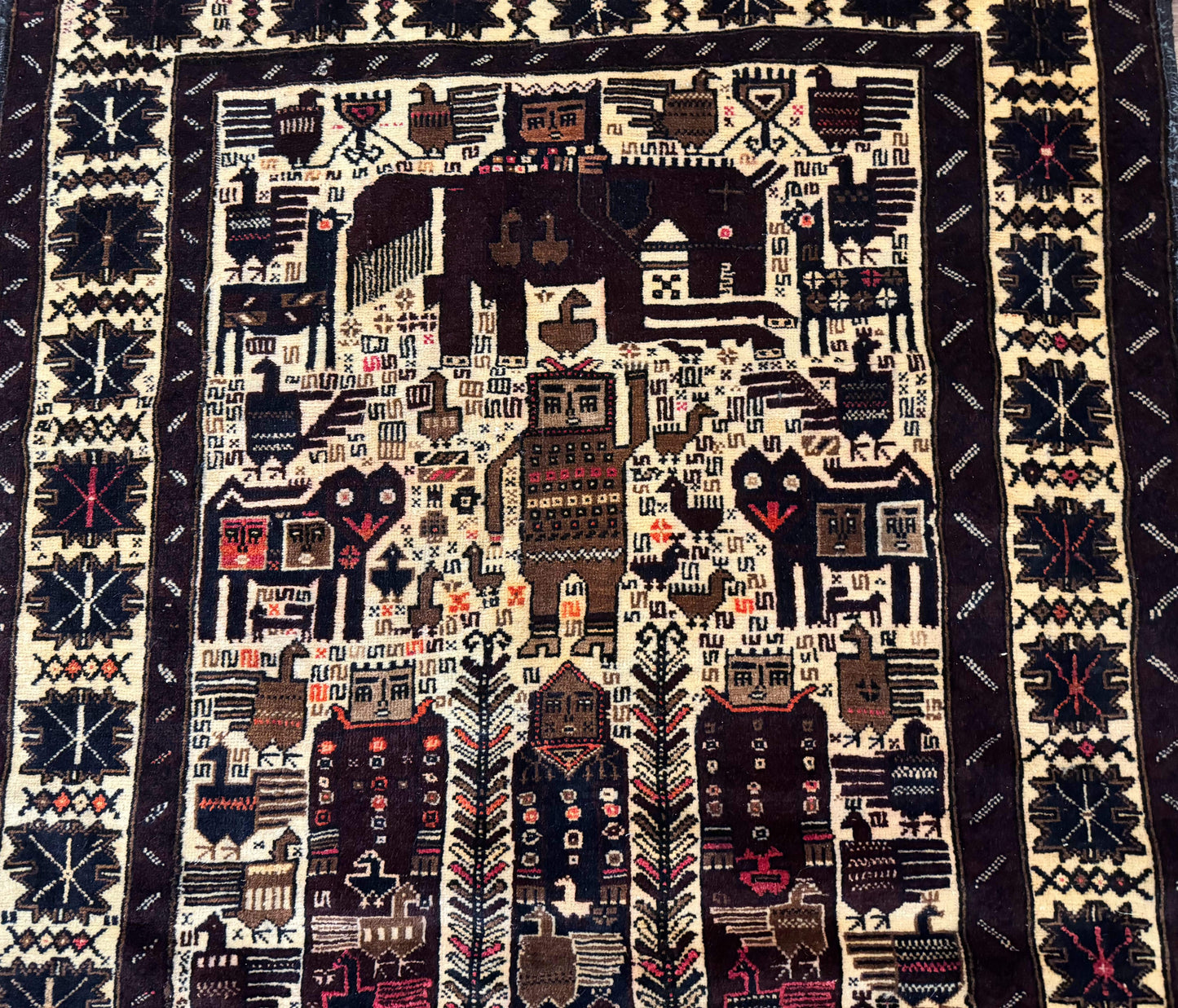 Persian Baluch Tribal Rug 4x6 Vintage Wool With Human And Bird Pictorials