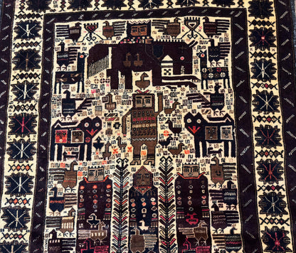 Persian Baluch Tribal Rug 4x6 Vintage Wool With Human And Bird Pictorials