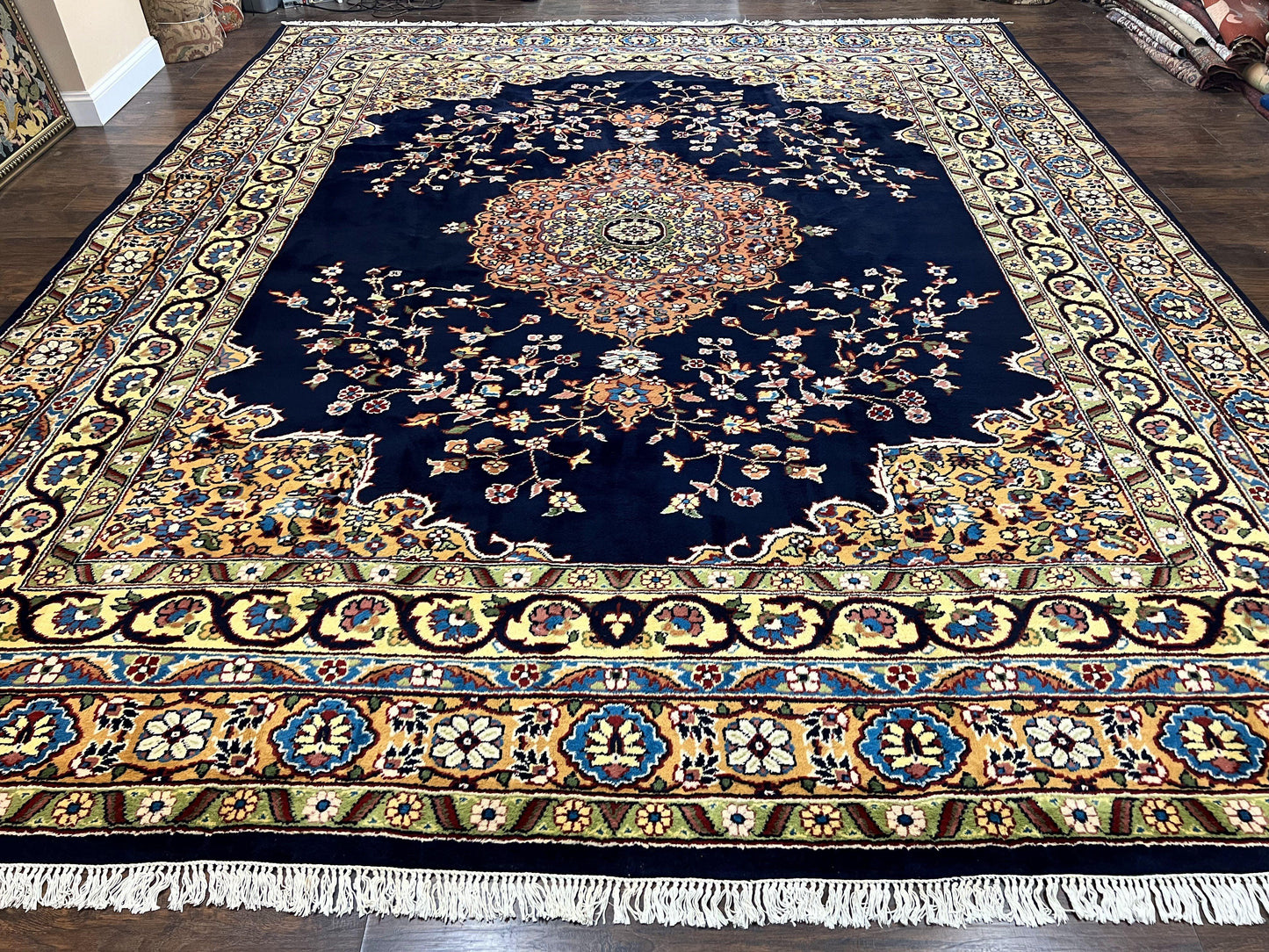Indo Persian Rug 12x15, Mahal Sarouk Rug 12 x 15, Wool Hand Knotted Vintage Carpet, Navy Blue, Oversized Rug, Center Medallion