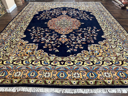 Indo Persian Rug 12x15, Mahal Sarouk Rug 12 x 15, Wool Hand Knotted Vintage Carpet, Navy Blue, Oversized Rug, Center Medallion