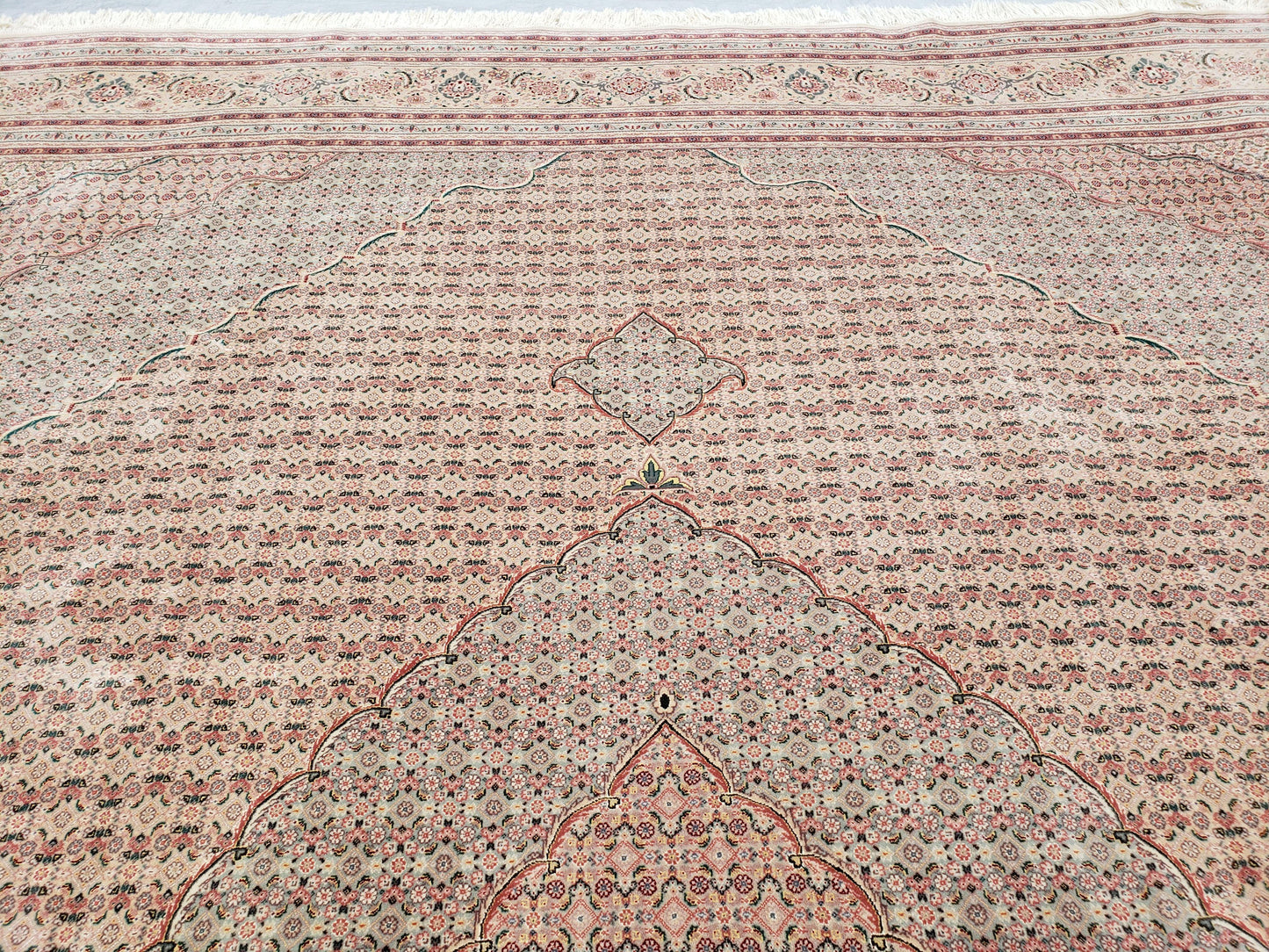 Stunning Oversized Sino Persian Oriental Rug 12x15, Hand Knotted Wool & Silk Palace Sized Carpet, Mahi Pattern, Very Fine, Peach Beige, Wow