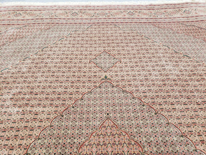 Stunning Oversized Sino Persian Oriental Rug 12x15, Hand Knotted Wool & Silk Palace Sized Carpet, Mahi Pattern, Very Fine, Peach Beige, Wow