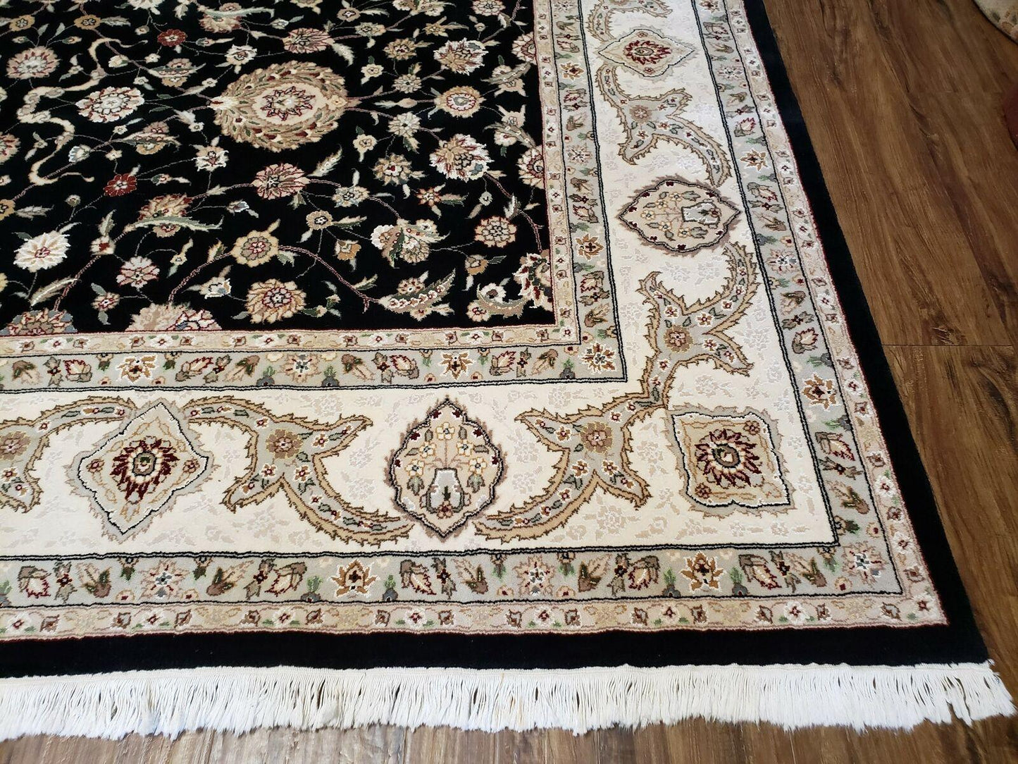 Vintage Wool Rug Oriental Floral Silk Highlights Black Handmade 8 Ft 5 In By 11 Ft 6 In