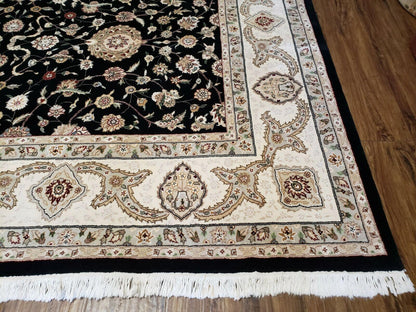 Vintage Wool Rug Oriental Floral Silk Highlights Black Handmade 8 Ft 5 In By 11 Ft 6 In