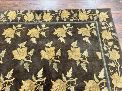 Tibetan Nepal Rug 6x9, Wool Hand Knotted Vintage Carpet 6 x 9, Dark Green & Golden Yellow, Floral Bouquets