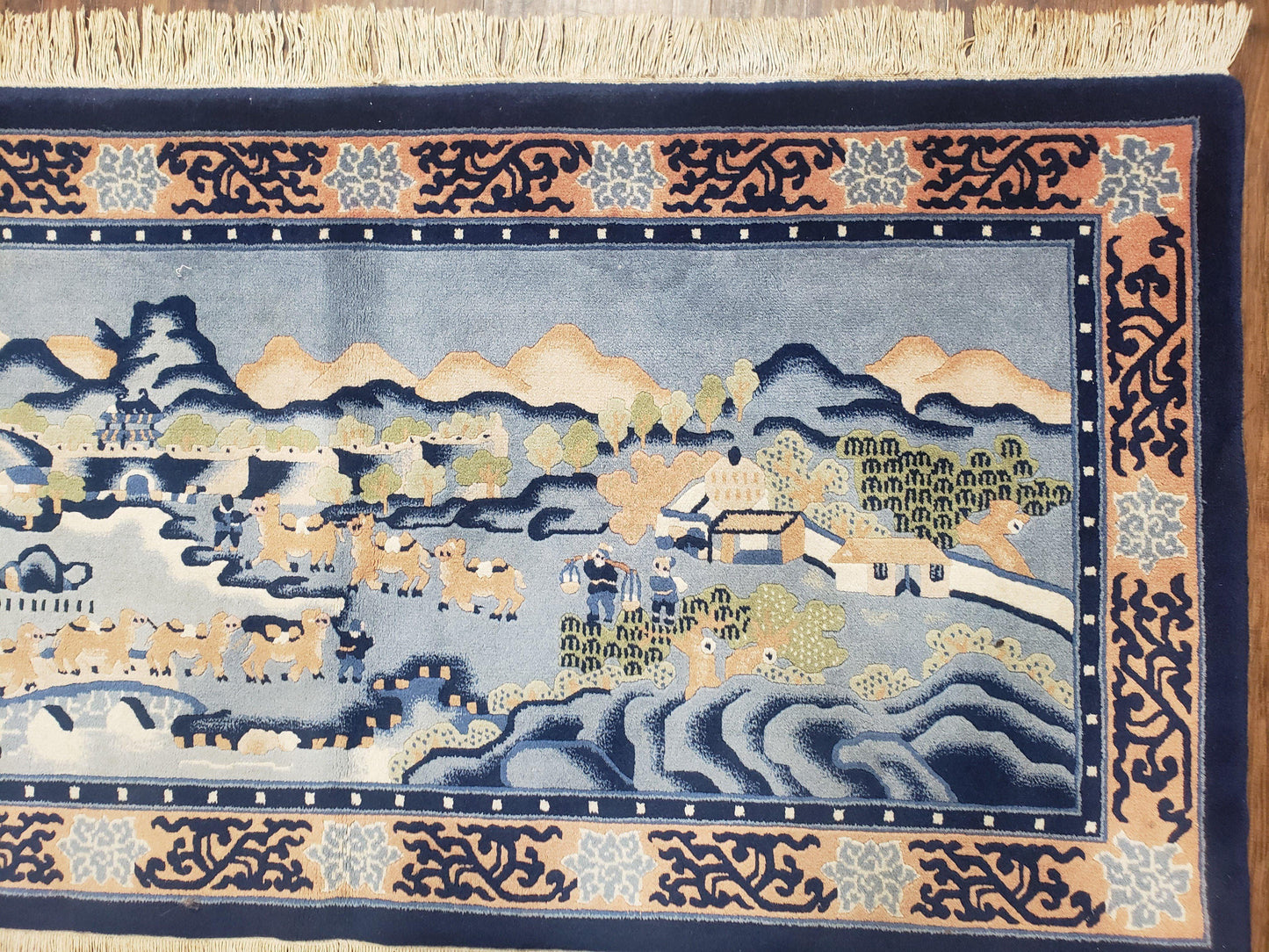 Chinese Pictorial Rug Hand Knotted Wool Vintage 28x55 Inches Teal And Blue Carpet Wall Tapestry