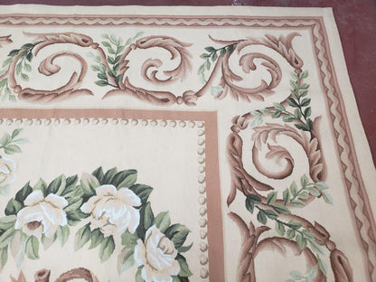 Elegant Aubusson Rug 10 x 14, Cream and Ivory Simple Aubusson Floral Carpet, Hand-Woven, European, New Aubusson Rug, Wool Area Rug, Violins
