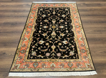 Persian Tabriz Rug 3x5 Black and Salmon Floral Fine Handmade 360 KPSI
