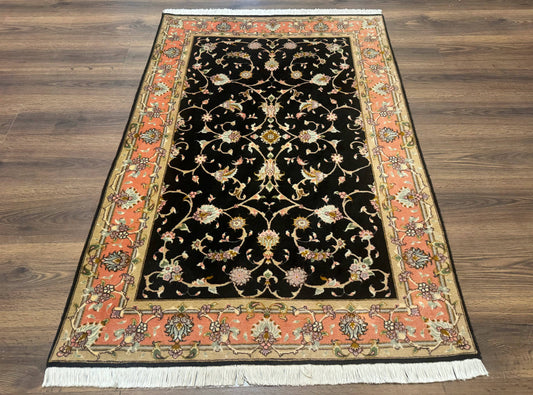 Persian Tabriz Rug 3x5 Black and Salmon Floral Fine Handmade 360 KPSI