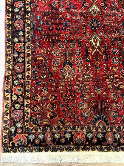 Antique Persian Sarouk Rug 3x4, Red, Floral, 1920s Wool Rug