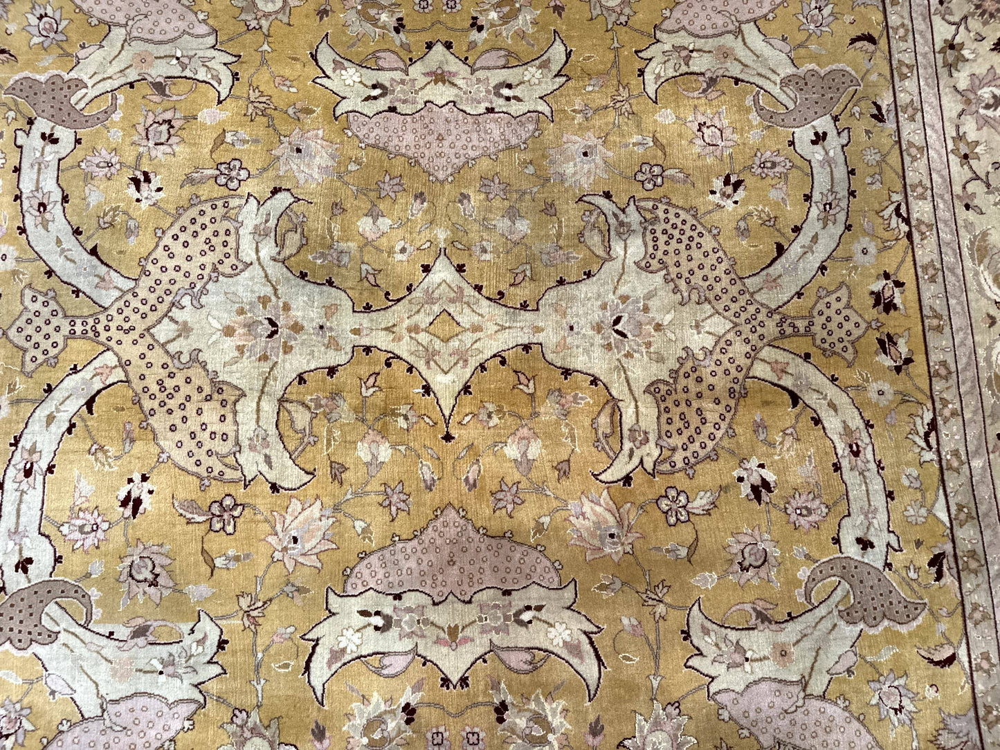 Sino Persian Rug 8x11, Wool with Silk Highlights, Unique Colors, Gold and Light Green, Fine 240 KPSI