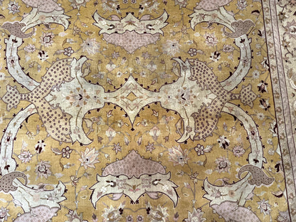 Sino Persian Rug 8x11, Wool with Silk Highlights, Unique Colors, Gold and Light Green, Fine 240 KPSI