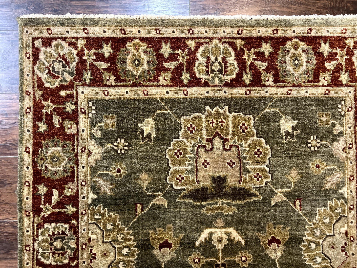 Indo Oushak Rug 4x6 Hand Knotted Wool Vintage Floral Green Maroon