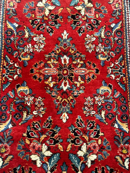 Persian Sarouk Runner Rug 3x12, Red Floral 3 x 12ft Runner, Vintage, Wool