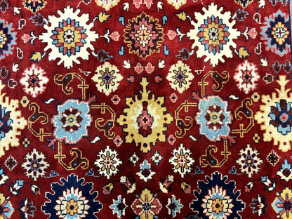 Indo Heriz Rug 8x10, Red and Navy Blue, Allover Pattern, Wool Handmade Carpet