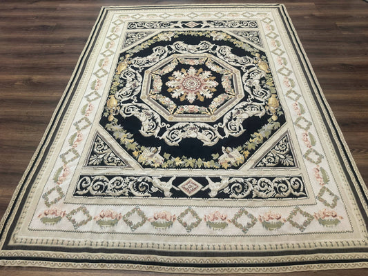 Vintage Aubusson Rug 6x8 Wool Hand Knotted European Design Lion Pictorial Black