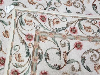 Needlepoint Rug 9x12, European Aubusson Design, Floral Allover Garden Pattern, New Needlepoint Area Rug, Ivory Rug, Hand Woven, Flatweave