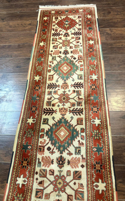 Turkish Runner Rug 2.4 By 8 Feet Kazak Geometric Heriz Pattern Beige And Red Hand Knotted Wool