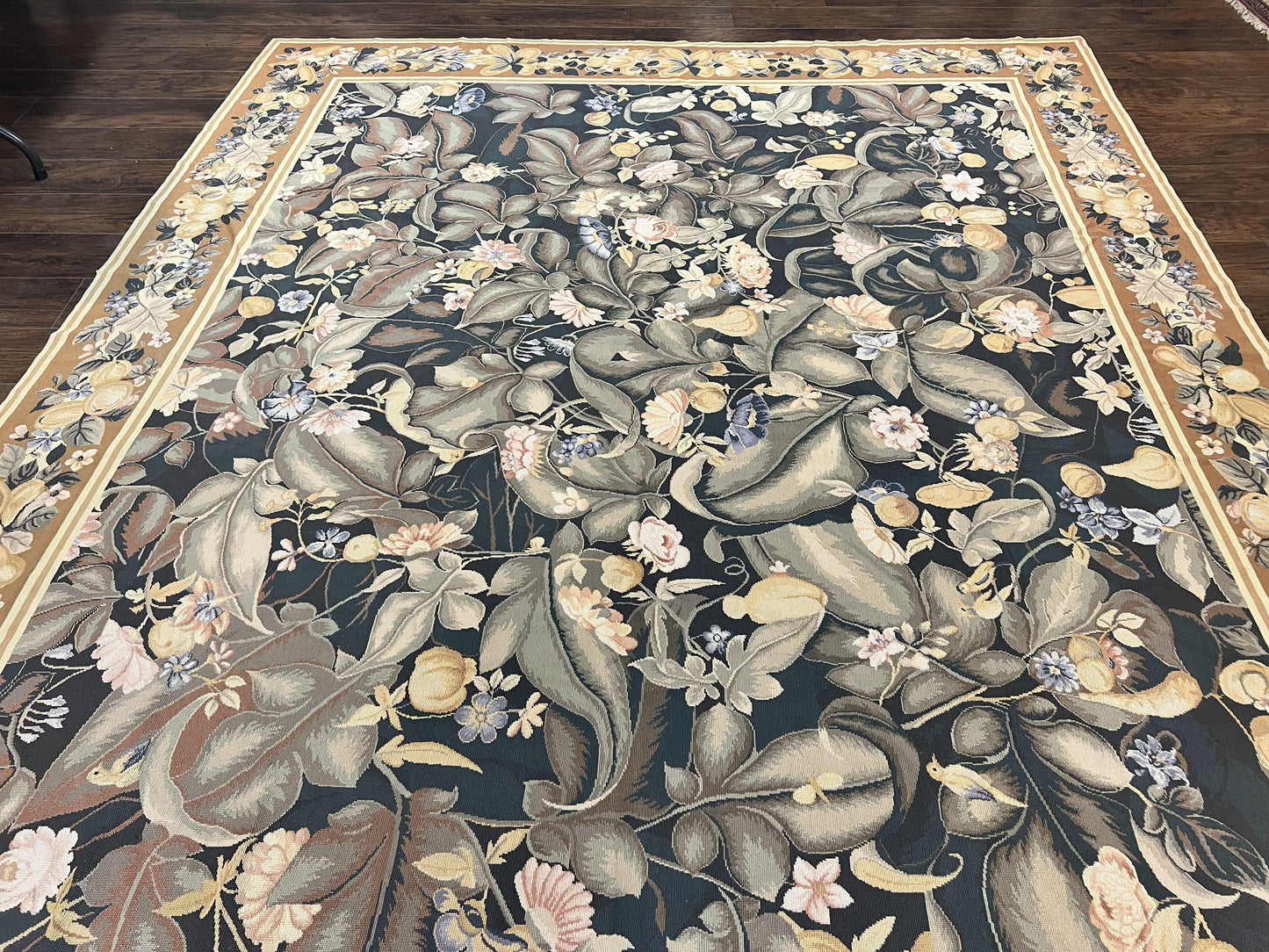 Large Needlepoint Rug 9x13, Handmade Wool Flatweave Vintage Rug, Leaves, Green