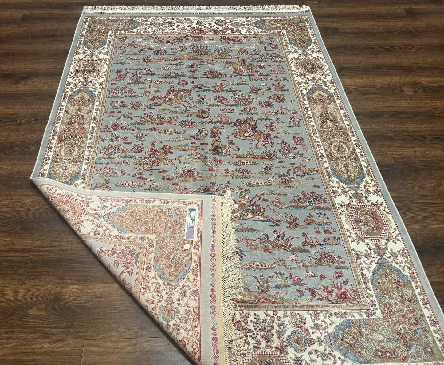 Turkish Silk Rug 5x7 Hunting Design Animal Pictorials Bamboo Silk