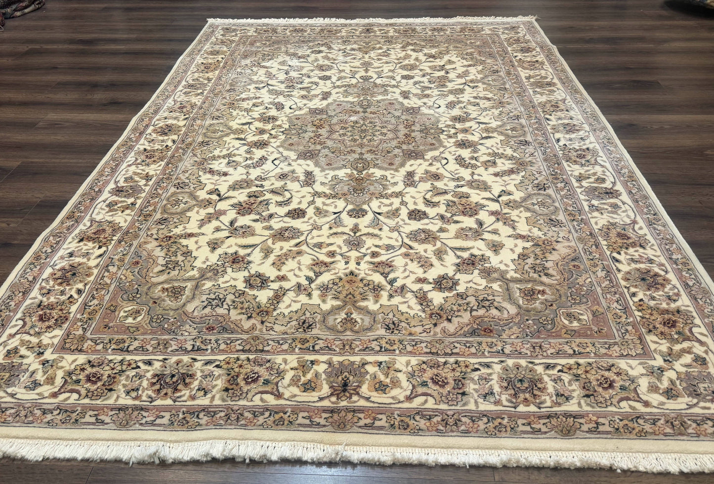 Sino Persian Rug 6x9 Floral Medallion Ivory And Taupe Wool Silk Highlights