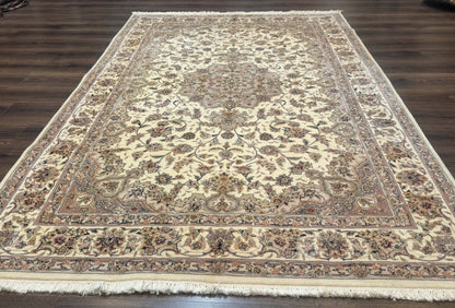 Sino Persian Rug 6x9 Floral Medallion Ivory And Taupe Wool Silk Highlights