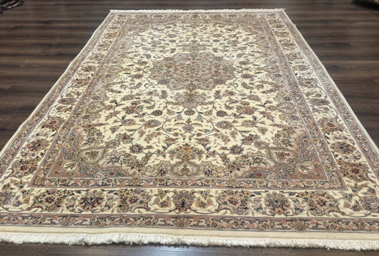 Sino Persian Rug 6x9 Floral Medallion Ivory And Taupe Wool Silk Highlights