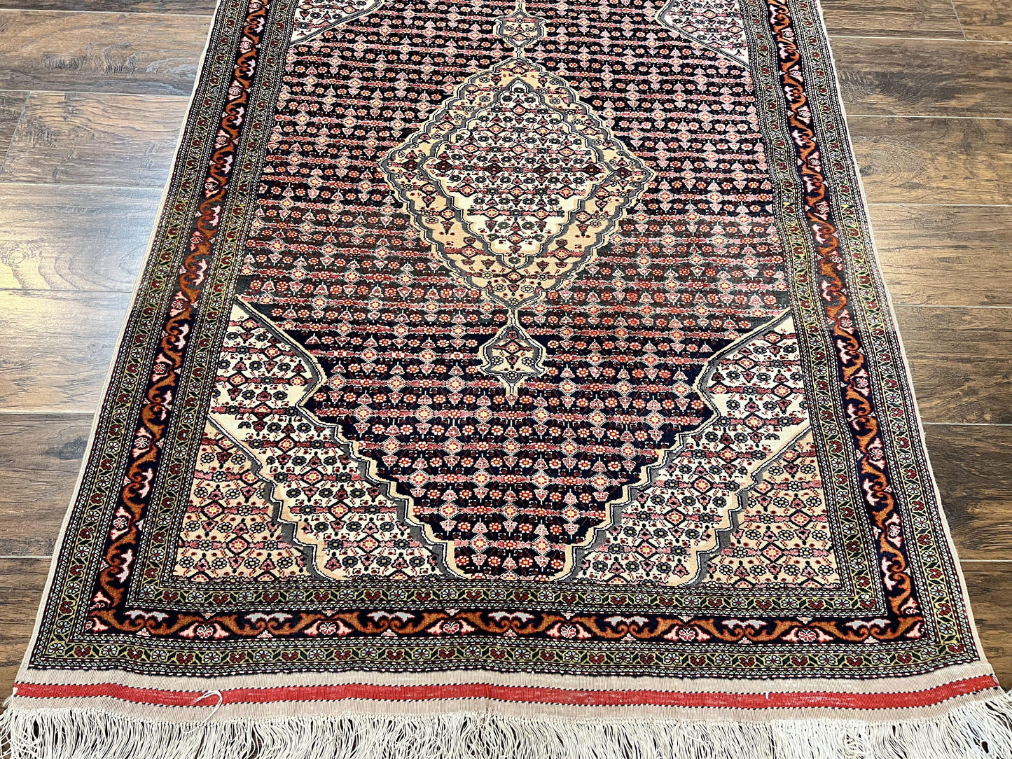 Afghan Rug Hand Knotted Wool Silk Highlights 4x5 Vintage Oriental Herati Pattern