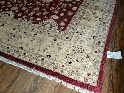 Pakistani Peshawar Rug 10x14, Handmade Chobi Carpet, Maroon & Beige