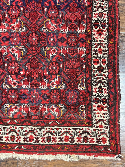 Persian Tribal Runner 3 x 9, Hamadan Dargazin Rug, Dark Blue and Red Wool Hand Knotted Hallway Rug, Vintage Antique Oriental Runner, 9ft Long Runner, Herati