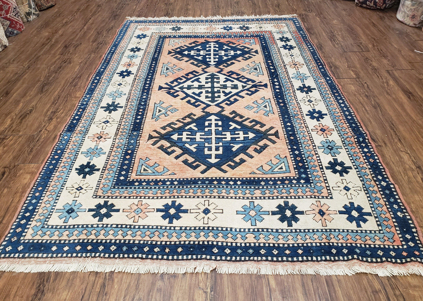 Turkish Kazak Rug 5x8 Ft Hand Knotted Wool Bohemian Carpet Blue Ivory