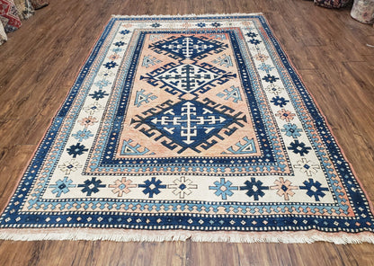 Turkish Kazak Rug 5x8 Ft Hand Knotted Wool Bohemian Carpet Blue Ivory