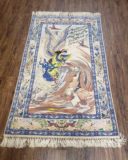 Semi Antique Persian Pictorial Rug 3'6" x 6", Angel Speaking to Prophet, Kork Wool on Silk Foundation, Detailed, Animals, Poetry, Wall Hanging Rug