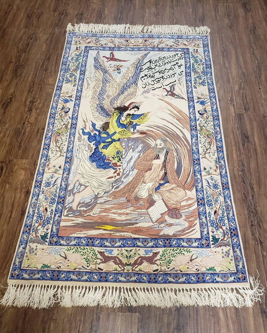 Semi Antique Persian Pictorial Rug 3'6" x 6", Angel Speaking to Prophet, Kork Wool on Silk Foundation, Detailed, Animals, Poetry, Wall Hanging Rug