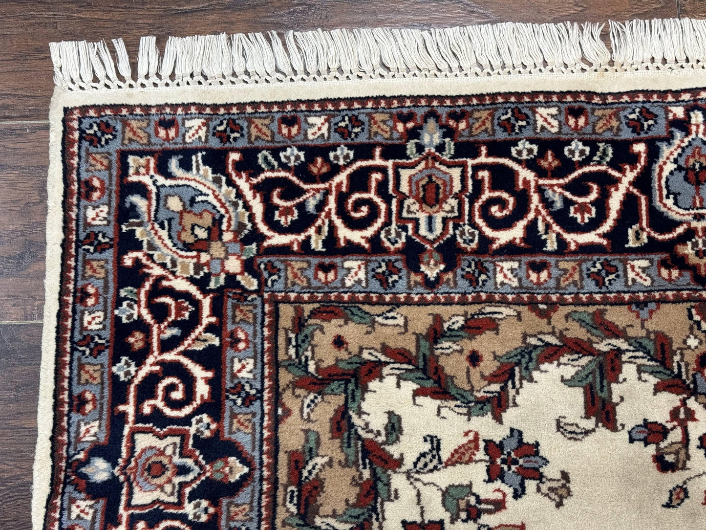 Kashmiri Rug 4x6 Handmade Wool Ivory Beige Navy Blue Indo Persian Traditional