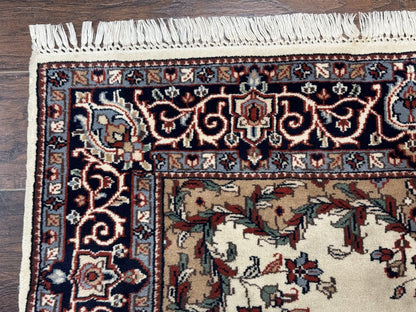 Kashmiri Rug 4x6 Handmade Wool Ivory Beige Navy Blue Indo Persian Traditional