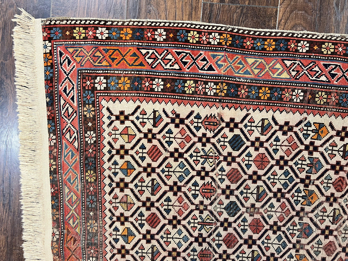 Antique Caucasian Shirvan Rug 4x5 Hand Knotted Wool Oriental Carpet Ivory Red Allover Pattern