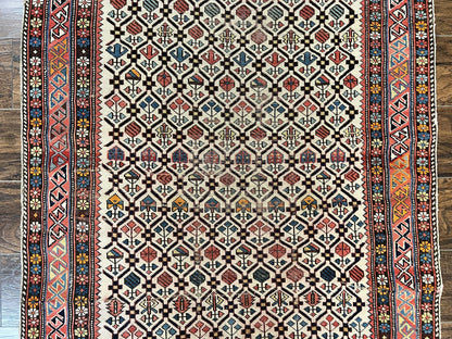 Antique Caucasian Shirvan Rug 4x5 Hand Knotted Wool Oriental Carpet Ivory Red Allover Pattern