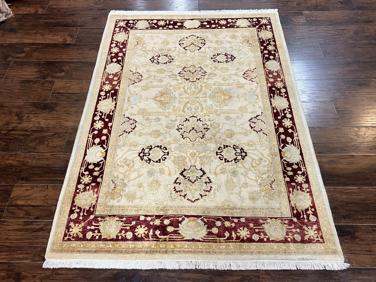 Peshawar Rug 5x7, Beige and Maroon, Vintage Handmade Wool Traditional Carpet 5 x 7 ft, Pakistani Rug, Agra Pattern, Very Fine 260 KPSI