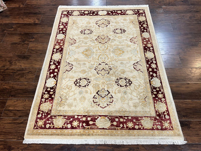 Peshawar Rug 5x7, Beige and Maroon, Vintage Handmade Wool Traditional Carpet 5 x 7 ft, Pakistani Rug, Agra Pattern, Very Fine 260 KPSI