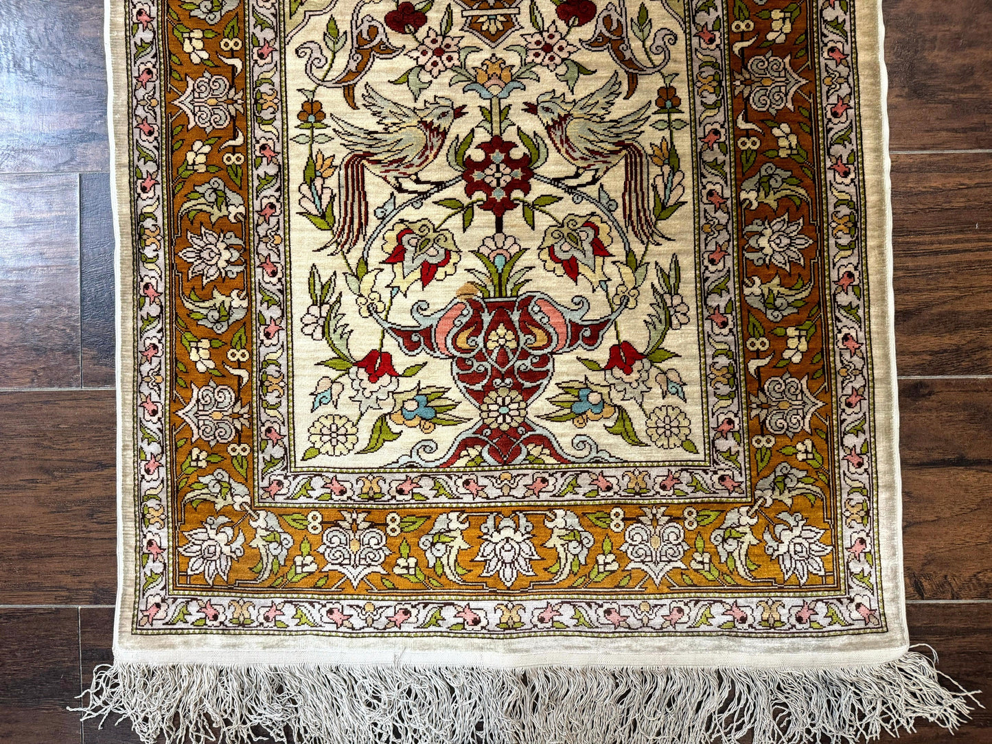 Hereke Silk Rug 2x3 Birds Lantern Very Fine 400 KPSI Hand Knotted Signed Masterweaver