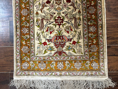 Hereke Silk Rug 2x3 Birds Lantern Very Fine 400 KPSI Hand Knotted Signed Masterweaver