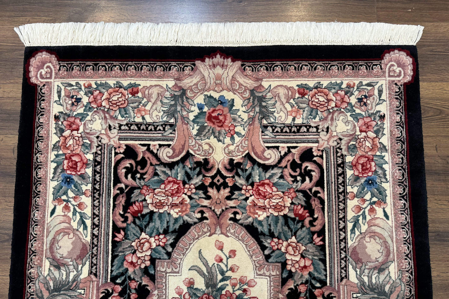 Aubusson Rug 4x6 Hand Knotted Wool Elegant European Floral Design Black Ivory Area Rug