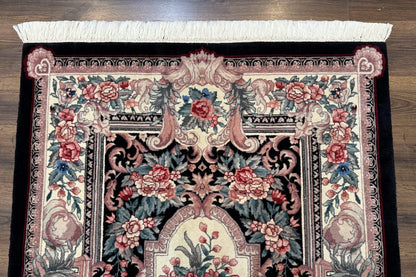 Aubusson Rug 4x6 Hand Knotted Wool Elegant European Floral Design Black Ivory Area Rug