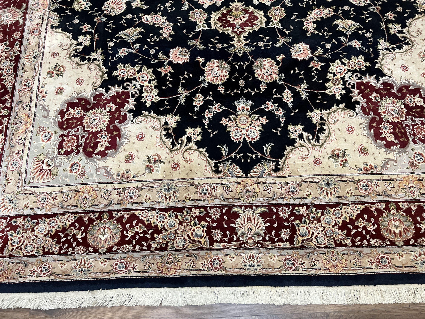 Pak Persian Rug 8.8 x 10.6, Floral Medallion, Wool and Silk Hand Knotted Fine Oriental Carpet, Elegant Rug, Black Gray Burgundy, Room Sized